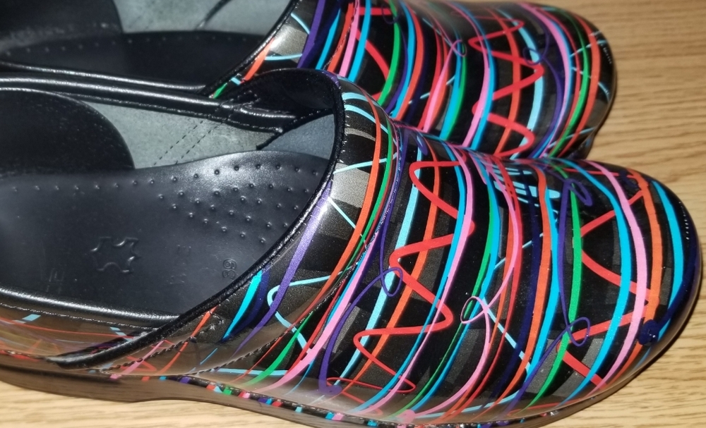Classic rainbow striped dansko shoes